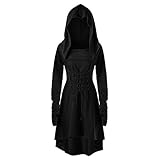 Alwayswin Damen Mittelalterliches Kleid Vintage Kleid mit Kapuze Schnüren Sich Oben Langer Kleid Pullover Mantel Langarm Einfarbig Kleid Halloween Kostüm Hoher Niedriger Verband Kleid (M, Schwarz)