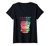 Damen Vaporwave Synthwave Retrowave Burger und Pommes Fastfood T-Shirt mit V