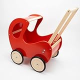 NaDeco Holz-Puppenwagen 'Marie', mit gummierten Holzrädern, für Kinder von 1-6 Jahren Lauflernhilfe Puppenwagen in Rot Retro-Puppenwag