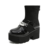Damen Block Absatz Stiefeletten Platform Runder Zehenpartie Gothic Stiefel mit Reißverschluss Perle,Schwarz,41 EU