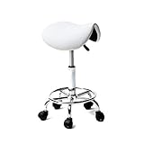 Barhocker Höhenverstellbar Sattelhocker Drehbar Rollhocker mit Rollen Arbeitshocker PU Leder Bürohocker Praxishocker Sitzhöhe 50-65cm (Sattelhocker Weiß)