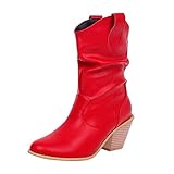 MOTOCO Frauen Knöchel nackte Stiefel Mode Damen Slip-On Square High Heel Leder Oberfläche Casual Short Tube Booties(40 EU,Rot)