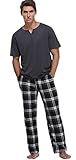 Vlazom Herren Schlafanzug zweiteiliger Pyjama Set Herren V-Aausschnitt Pyjama kurzärmeliges T-Shirt mit lange Hose Ganzjahresstil(L,Stil B-Metallgrau Top+Schwarz karierte Hose)