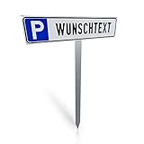 Betriebsausstattung24® Individuelles Parkplatzschild mit Einschlagpfosten | Parkplatzkennzeichnung mit Wunschtext | Pfosten zum Einbetonieren | Aluminium | 52x11