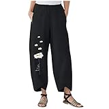 TIMEMEAN Damen Hosen Lang Bettwäsche Aus Baumwolle Elastische Taille Breites Bein Daisy Print Casual S