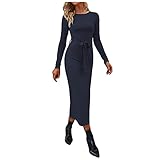 Alwayswin Strickkleid Damen Langarm Slim Split Maxikleider Gestrickter Sexy Gürtel Cocktailkleid Rundhalsausschnitt Slim Fit Pulloverkleid Einfarbig Elegant Partykleid Lang
