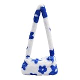 Damen-Handtasche mit Blumendruck, Plüsch, Schultertasche, Unterarmtasche, flauschig, weich, für Herbst und Winter, kleine Handtaschen, Einkaufstaschen, blau,