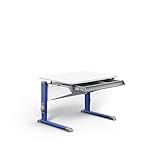 moll Bandit Compact mit Schublade, höhenverstellbarer Kinderschreibtisch für jungen und Mädchen, Schräg- und Höhenverstellung, Dekor Weiß - Füße Blau, 90cm x 70,5