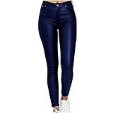 MCWJDSD Damenhosen, Glatte Damen Hose, Frauen Kunstlederhose, PU Lederhose Jean (Color : Blue, Size : L)