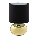 Relaxdays Tischlampe, runde Nachttischlampe mit Touch, HxD 27,5 x 18 cm, E14, Tischleuchte mit Stoffschirm, gold/schw