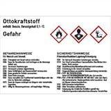 Gefahrstoffkennzeichnung Ottokraftstoff gemäß GHS 7,4 x 10,5cm Folie mit mattem Laminat Abmessung des Kennzeichnungsschildes für Gebindegröße 3-50 L