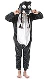 Jumpsuit Onesie Tier Fasching Karneval Halloween Kostüm Kinder Mädchen Junge Sleepsuit Overall Pyjama Unisex Lounge Cosplay Schlafanzug Grau Wolf for Höhe 90-148CM