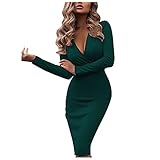 Damen Bodycon Bleistiftkleid Einfarbig Tief V Ausschnitt Figurbetont Kleider Elegant Langarm Herbstkleid Wickelkleid Slim Fit Minikleid Cocktailkleid Midi Club