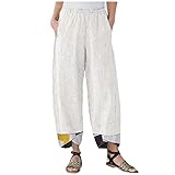 SSLLM Damen Leinenhose Haremshose Große Größen Leinen Hose Sommerhose Elastic Waist Freizeithose Yoga Hose Bedruckte Boho Schlupfhose Strandhose mit Taschen Frauen H