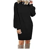 Damen Spitze Strickkleid Winterkleid Elegant Tunika Kleid Casual Tops Sweaterkleid Frauen Longsleeve Pulloverkleid Lose Minikleid Einfarbig Freizeit Winter Kleid Partyk