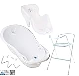 Tega Baby ® Baby Badewanne mit Gestell und Verschiedene Sets mit Babybadewannen + Ständer + Abfluss + Badewannensitz 0-12 Monate | ergonomisch Neugeborene, Motiv:Häschen - weiß, Set:4 S