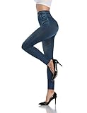 SHAPERIN Damen Jeansoptik Leggings Hohe Taillen Leggings mit Bund Mode Shaping Leggins Dehnbar Formende Treggings Streetwear Hosen Strumpfhosen Große Größen(Blau,L-XL)