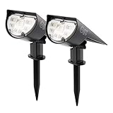 Solarlampen für außen, LED Solarstrahler Außen mit Erdspieß, 2 Helligkeitsstufe solar gartenleuchte, 18 LEDs 6000K IP65 Wasserdichte Wandleuchte Pflanzenstrahler für Patio Pfad Hof Garten (2er Pack)