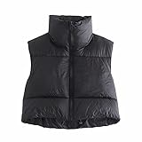 SHOUJIQQ Kurze Baumwolle Daunenweste Damen - Hohe Taille Kurz Stehkragen Warme Weste,Ärmellose Steppweste Weste Übergröße Für Outdoor Reisemantel,Schwarz,M