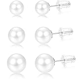 Sllaiss 3 Paare 925 Sterling Silber Weiß Perle Ohrstecker für Frauen Shell Pearl Ohrringe Set Weißgold Ohrringe Jubiläumsgeschenke Größe 4 6 8MM