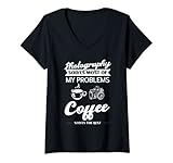Damen Fotografie und Kaffee lösen Probleme bei der Fotografie T-Shirt mit V