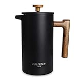 Poliviar French Press Kaffeebereiter 1 Liter/8 Tassen, Doppelwandige Isolierte Kaffeekanne und Teebereiter, Handfilter Kaffeepresse mit Plunger & Griff aus Holz, Vintage (Schwarz) JX2019-FPB10-DE