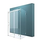 U-Form Duschkabine 75x100x75cm Rahmenlos Höhe:195cm 8mm Schiebetür Duschabtrennung ESG Nano Klarglas 4-Punkt Halterung Duschwand Rav17-2U