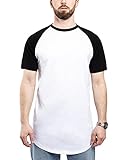 Blackskies Round Basic Baseball Longshirt | Langes Oversize Fashion Kurzarm Herren T-Shirt Raglan Ärmel Long Tee - Weiß-Schwarz Large L