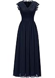 Dressystar Damen Elegant Ballkleider V-Ausschnitt Flora Spitze Chiffon Lang Cocktailkeider Abendkleider Marineblau XL