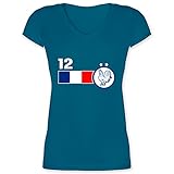Fussball WM 2022 Fanartikel - 12. Mann Frankreich Mannschaft - M - Türkis - Fan - XO1525 - Damen T-Shirt mit V