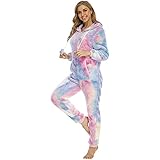 BIBOKAOKE Damen Jumpsuit Tie Dye Teddy Fleece Einteiler Overall Anzug Flauschig Schlafanzug Plüsch Pyjama Mit Kapuzen und Reißverschluss Strampler Nachtwäsche Loungewear Hausanzug