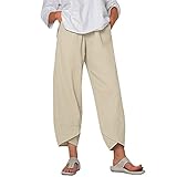 Adisputent Damen Leinenhose 7/8 Haremshose Sommerhose Einfarbige Freizeithose Hohe Taille Stoffhose Weites Bein Casual Pumphose mit Taschen(Khaki，M)