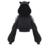 YEMOCILE Damen Cat Ears Black Hoodie Langarm Kapuzenpullover Sweatshirt Hollow Out Gothic Tops Bluse M Schw