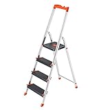 SONGMICS Leiter 4 Stufen, Aluleiter, 12 cm breite Stufen, Stehleiter, Werkzeugschale, Klappleiter, rutschfest, max. statische Belastbarkeit 150 kg, TÜV Rheinland GS-Zertifikat, erfüllt EN131 GLT04B