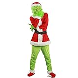Bavpelp Weihnachten Erwachsene Große Grüne Grinch Outfit Deluxe Santa Kostüm 7Pcs Xmas Furry Santa Anzug Cosplay Kostüm Mit Mask