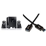 Logitech Z313 PC Lautsprechersystem (2.1) schwarz & Amazon Basics USB 3.0-Verlängerungskabel A-Stecker auf A-Buchse, 2