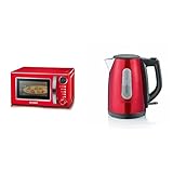 SEVERIN 2-in-1 Retro Mikrowelle mit Grillfunktion, ca. 700 W, rot/chrom, MW 7893 & WK 3417 Wasserkocher (ca. 2.200 W, 1 L) fire red metallic/schw