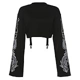 XTR  Black Crop Top Hoodie Women Sweatshirt Gothic Punk Grunge Dragon Printed Harajuku Loose Sweatshirt Pullover Female Top-Black,L