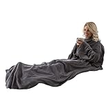 myHomery Ärmeldecke Anthrazit 150x180 cm - Kuscheldecke XL - TV-Decke mit Ärmeln - Fleecedecke als Geschenk - Sofadecke mit Taschen für IPad Fernbedienung und Füß