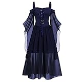 Darringls Halloween Kostüm Damen Übergroßes Mesh Mittelalter Kleid Gothic Maxikleid Schnürkleid mit Schmetterlingsärmeln Renaissance Cosplay Dress Party Festlich A-Linie Kleid…