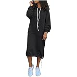 MEITING Damen Hoodie Pullover Kleid Winter Warm Langarm Fleece Einfarbig Elegant Kordelzug Sweatshirtkleid Lang Kleid Kapuzenkleid Kapuzenpullover Kleid Langarm Kleid für F