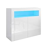 SONNI Kommode Sideboard mit LED Beleuchtung(12 Farben können eingestellt Werden) Weiß Hochglanz Wohnzimmermöbel Wohnzimmerschrank Standschrank