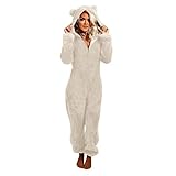 Schlafanzug Damen Lang Damen Jumpsuit Fleece Einteiler Overall Anzug Flauschig Jumpsuit flauschig und kuschelig weich warm Einteiler Ganzkörperanzug Overall w