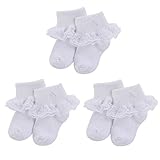 LACOFIA Baby Mädchen Baumwolle Rüschen Spitze Bestickt Kreuz Weiße Taufe Socken 3 Paare 6-12 M