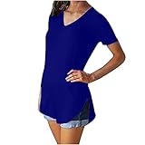 Damen Sommer T-Shirt V-Ausschnitt Kurzarm Einfarbig Rund Saum Tee Lose Bequem Casual Mode Bluse Tops, blau, Larg