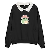 STOREYH Damen Kawaii Frosch mit Hut Druck Tops Lässig Loose Langarm Spleiß Revers Fleece Oberteile Tasche Pullover Sweatshirt Herbst Winter Bequem Atmungsaktiv Tee Frauen Bluse Wickel Tunika T-S