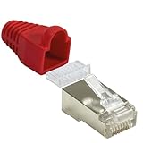 Faconet 20er Pack RJ45 Crimpstecker Netzwerkstecker CAT 5e CAT 6 STP geschirmt mit Einfädelhilfe und Hülle Knickschutz in Rot, Stecker für Patchkabel LAN Kab