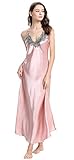 Aivtalk Nachthemd Satin Damen Lang Negligee Satin Sexy v Ausschnitt Damen Nachtwäsche für Frauen Sommer Nachtkleide Spitze Spaghetti Träger Rosa M