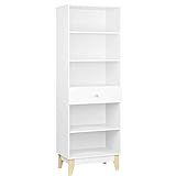 189cm Bücherregal Bücherschrank mit Schublade Hochschrank Standregal mit Holzbeinen Raumteiler für Wohnzimmer Büro Küche weiß