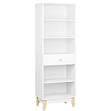 189cm Bücherregal Bücherschrank mit Schublade Hochschrank Standregal mit Holzbeinen Raumteiler für Wohnzimmer Büro Küche weiß